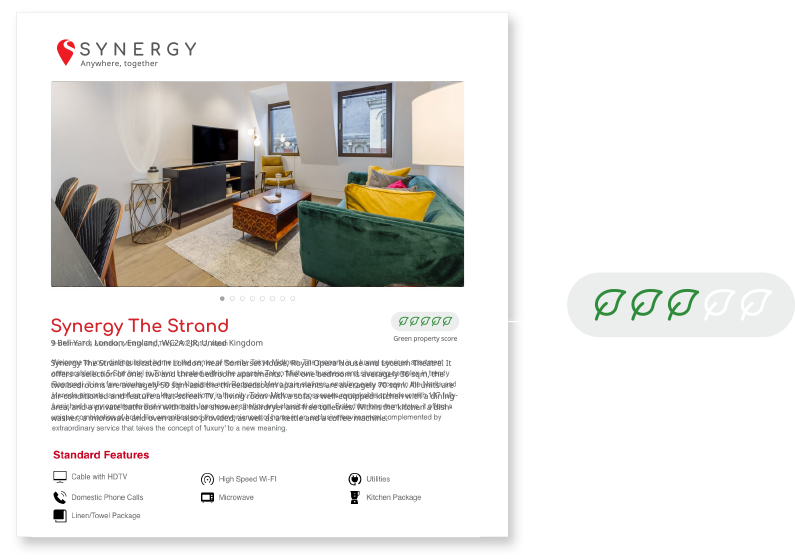Synergy The Strand listing highlights eco-friendly features with a 3-leaf green property score rating.