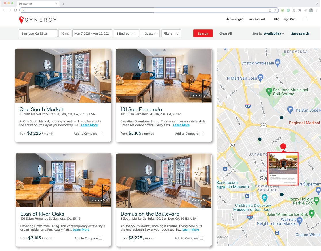 Synergy's rental listing interface displays properties, pricing, and a map for San Jose, CA.