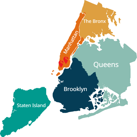 Map of New York City's five boroughs: Manhattan, Brooklyn, Queens, The Bronx, and Staten Island.