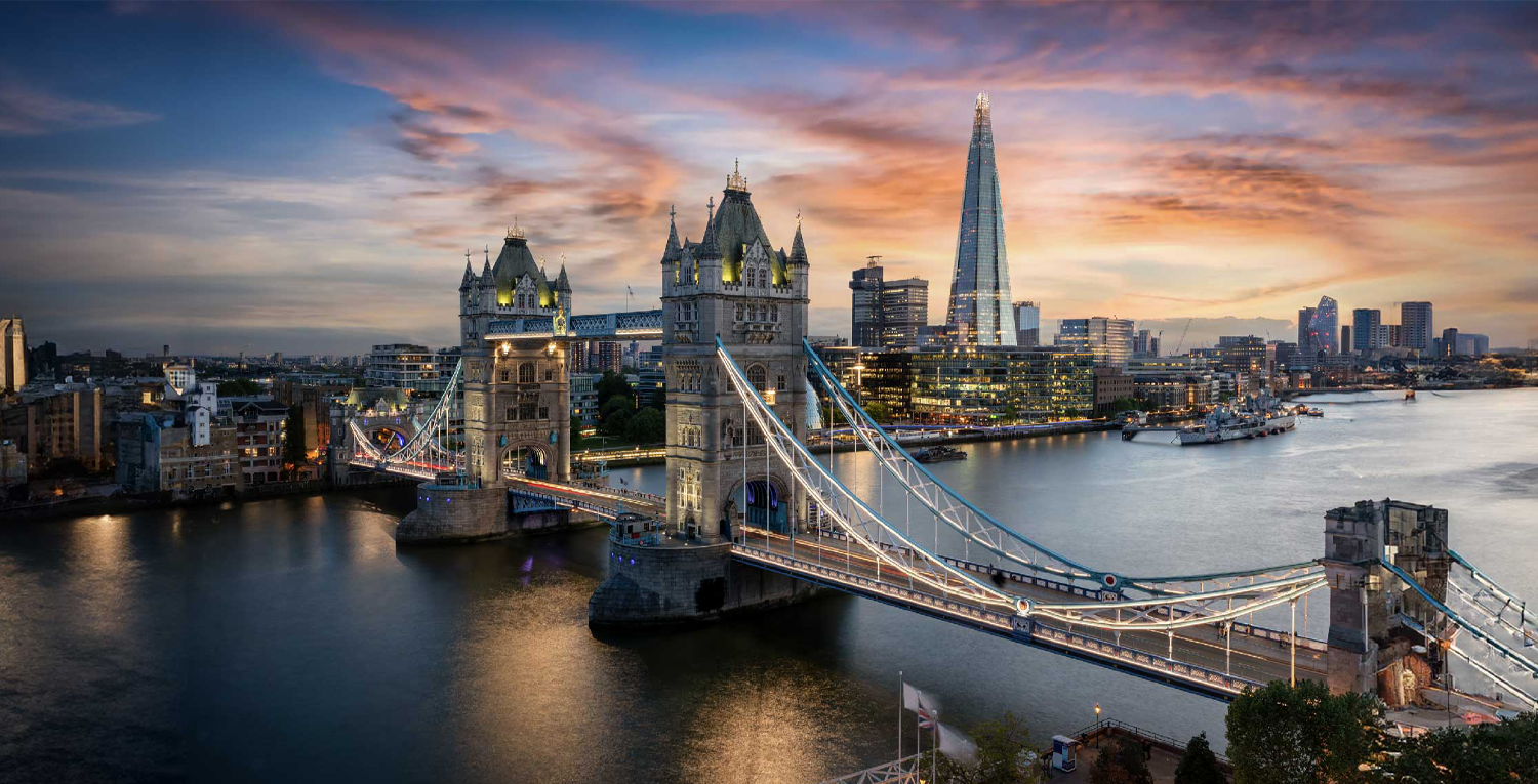 Tower Bridge and The Shard at sunset, overlooking the Thames in central London.
