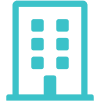 A teal icon of a building with six windows and a central entrance, symbolizing urban architecture.