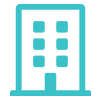 A teal icon of a multi-story building with six windows and a central entrance.