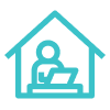 Icon of a person working on a laptop inside a house, symbolizing remote work or home office.