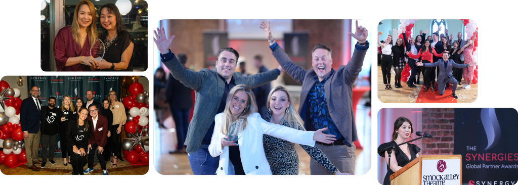 Group celebrations and award events featuring lively poses, red carpets, and branded backdrops.