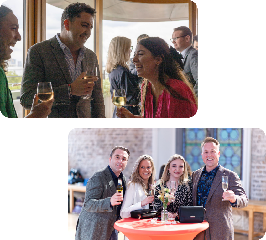 People dressed in formal attire socialize at an event, holding glasses of wine and champagne.