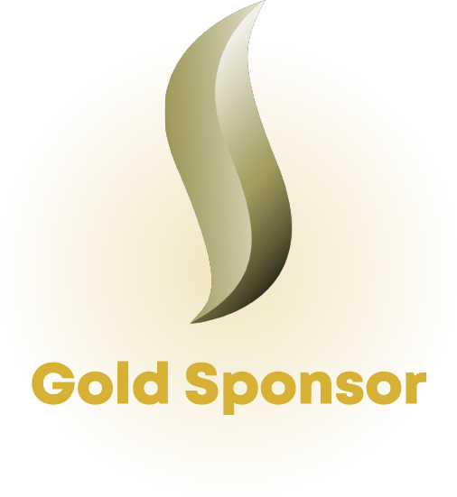 A gold flame icon with the text "Gold Sponsor" on a beige circular background.