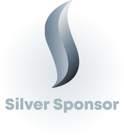 Silver Sponsor badge featuring a sleek silver flame design on a circular gray background.