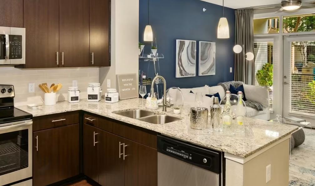 Modern kitchen with dark cabinets, granite countertops, and an open layout to the living area.