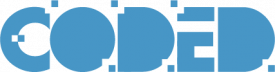 A blue logo with the word "CODED" in bold, stylized uppercase letters.