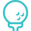 Turquoise icon of a golf ball on a tee with three curved lines indicating motion or impact.