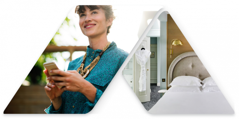 A person using a smartphone and a luxurious hotel room with a robe and elegant decor.