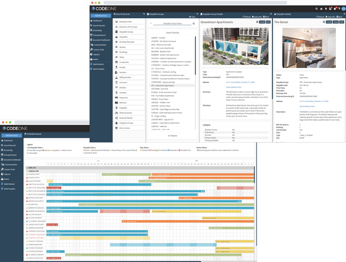 A software interface displays property details and a scheduling board for management tasks.