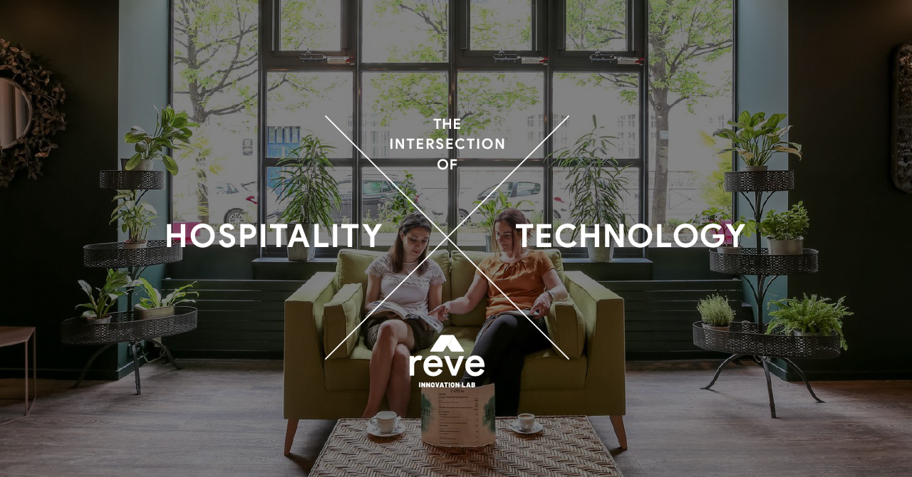 A modern lounge with greenery highlights the theme "The Intersection of Hospitality and Technology."