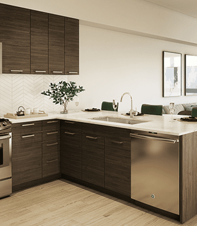 Modern kitchen with dark wood cabinets, stainless steel appliances, and a sleek countertop.