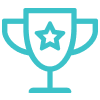 A turquoise trophy icon featuring a star in the center, symbolizing achievement or success.