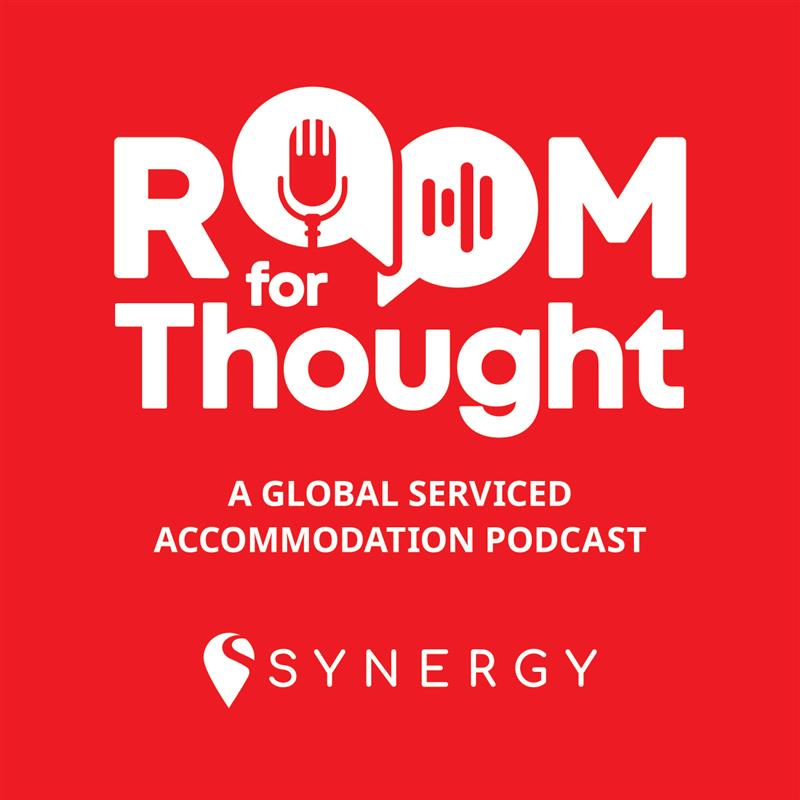 A red podcast logo featuring "Room for Thought" and Synergy's branding for serviced accommodations.