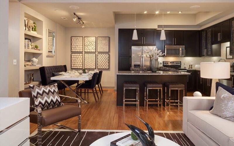 Modern open-concept living space with dark cabinetry, sleek furniture, and warm wood flooring.