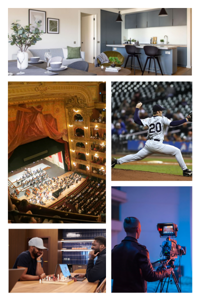 A modern kitchen and living area, a theater, a baseball player, chess players, and a filmmaker at work.