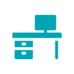 Office desk with drawers and a computer monitor in a minimalist teal icon design.