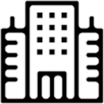 Icon of a multi-story building with central windows and symmetrical side structures.