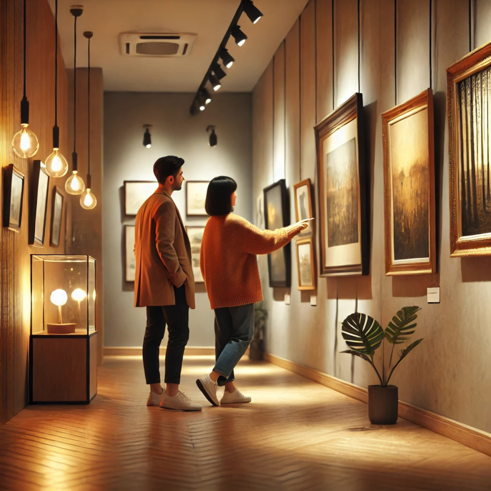 Couple examining an art piece in an art gallery.