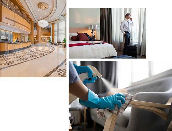 Hotel lobby, guest in room, and cleaning staff sanitizing furniture with spray and cloth.