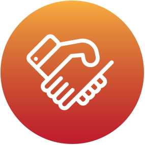 A white handshake icon on a gradient orange-red circular background, symbolizing agreement.