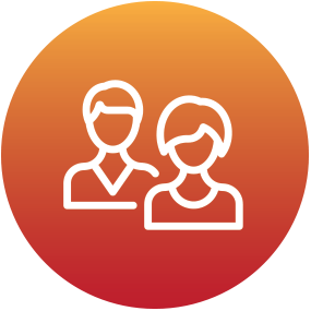 Icon of two outlined human figures on a gradient orange-red circular background.