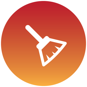 A white broom icon on a gradient red-to-orange circular background.