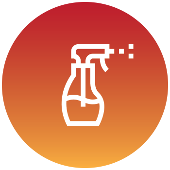A white spray bottle icon on a gradient red-to-orange circular background.