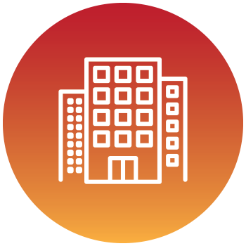 A white outline of a building on a gradient red-orange circular background.