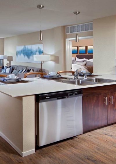 Modern open-concept kitchen with stainless steel appliances and a view into the living and bedroom areas.