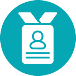 Icon of an ID badge with a person silhouette, displayed on a teal circular background.