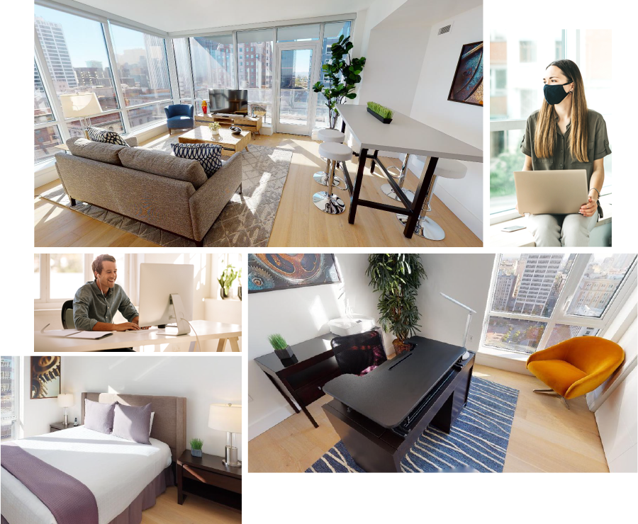 Modern apartment interior with bright living spaces, office setups, and a cozy bedroom.