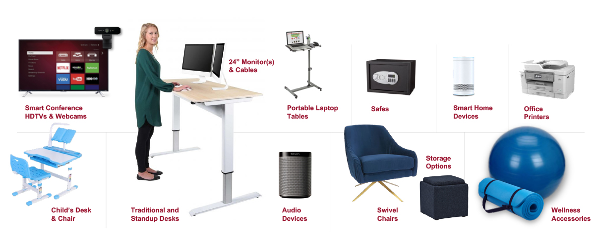 Office and home essentials including desks, chairs, monitors, safes, and wellness accessories.