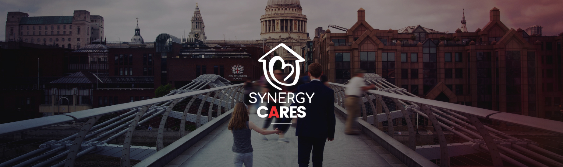 Synergy Cares logo overlays a cityscape with St. Paul's Cathedral and a modern pedestrian bridge.