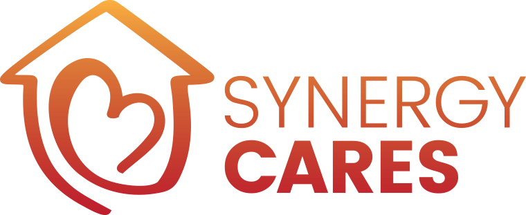A gradient house logo with a heart design and the text "SYNERGY CARES" in bold, warm tones.