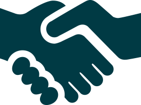 Two hands shaking in a gesture of agreement or partnership, depicted in a solid dark teal color.