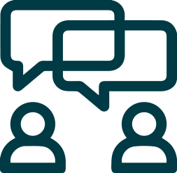 Two figures exchanging dialogue through overlapping speech bubbles, symbolizing communication.