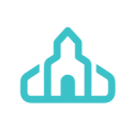 Minimalist turquoise church icon with a steeple and arched doorway, outlined in a geometric style.