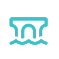 A turquoise icon depicting a bridge over water, symbolizing infrastructure or connectivity.