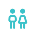 Two turquoise stick figures, one with a square torso, representing male and female symbols.
