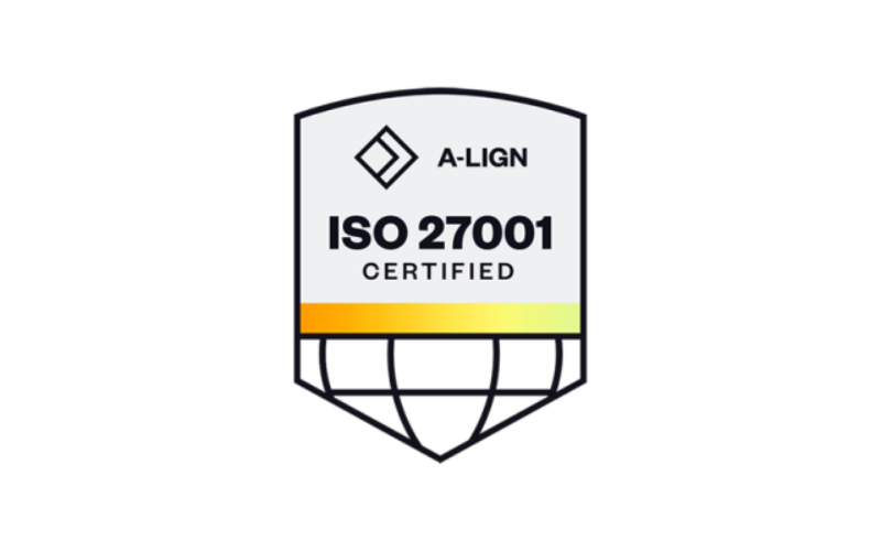 A badge displaying "A-LIGN ISO 27001 Certified" with a gradient design and shield shape.