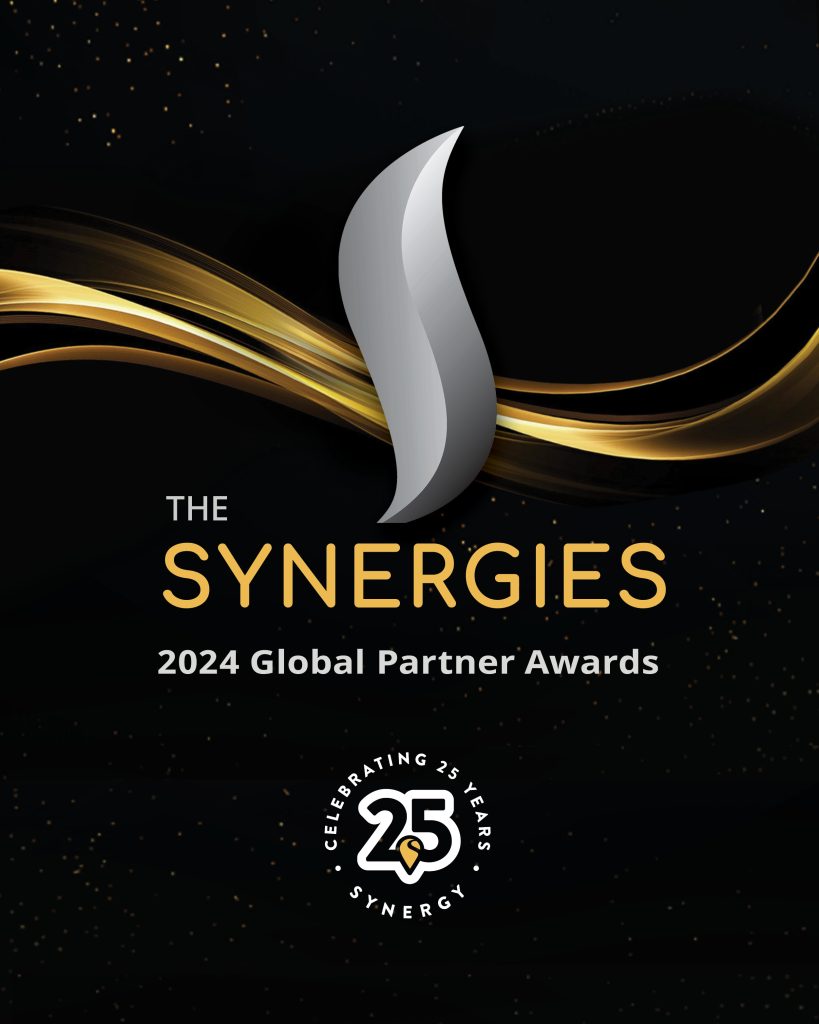 The Synergies 2024 Global Partner Awards logo celebrates Synergy's 25th anniversary in gold and black.