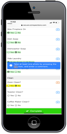 Mobile app interface showing a checklist with photo and comment options for inspections.