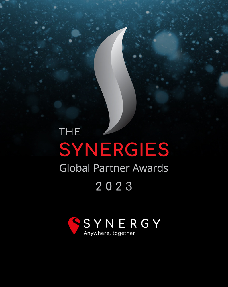 The Synergies Global Partner Awards 2023 logo features a silver flame and Synergy's tagline.