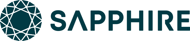 Sapphire logo featuring a geometric gemstone design and bold, modern typography.