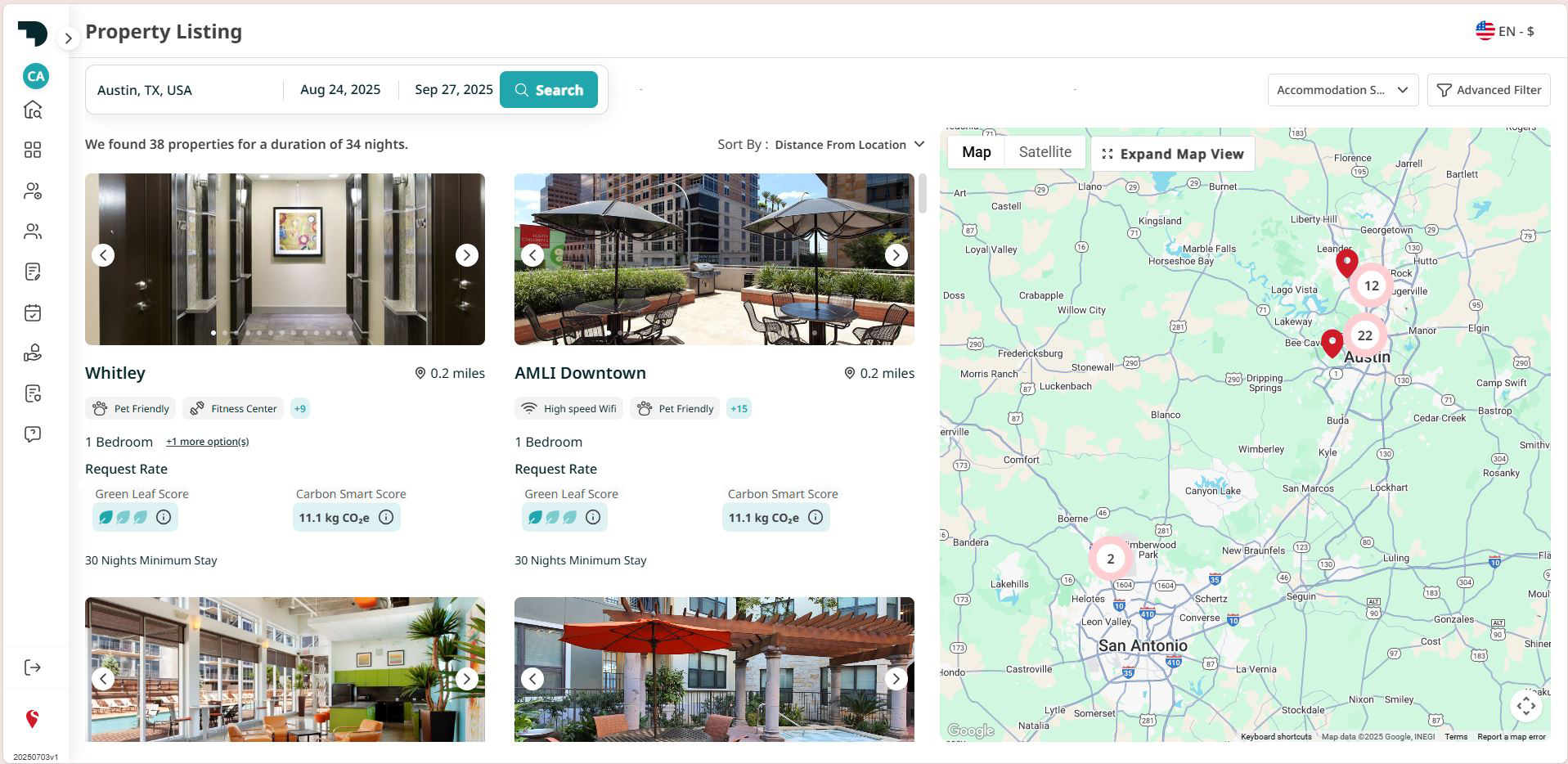 Property listing interface showing accommodations in Austin, TX, with map and filter options.