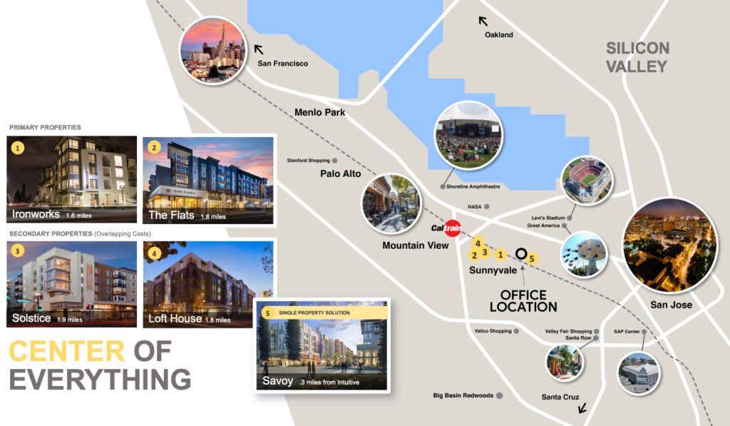 Map highlighting office location, nearby cities, properties, and key attractions in Silicon Valley.