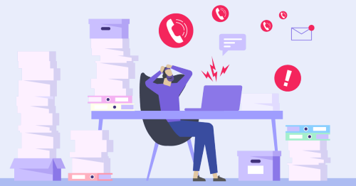 An overwhelmed worker at a cluttered desk, surrounded by paperwork and urgent notifications.